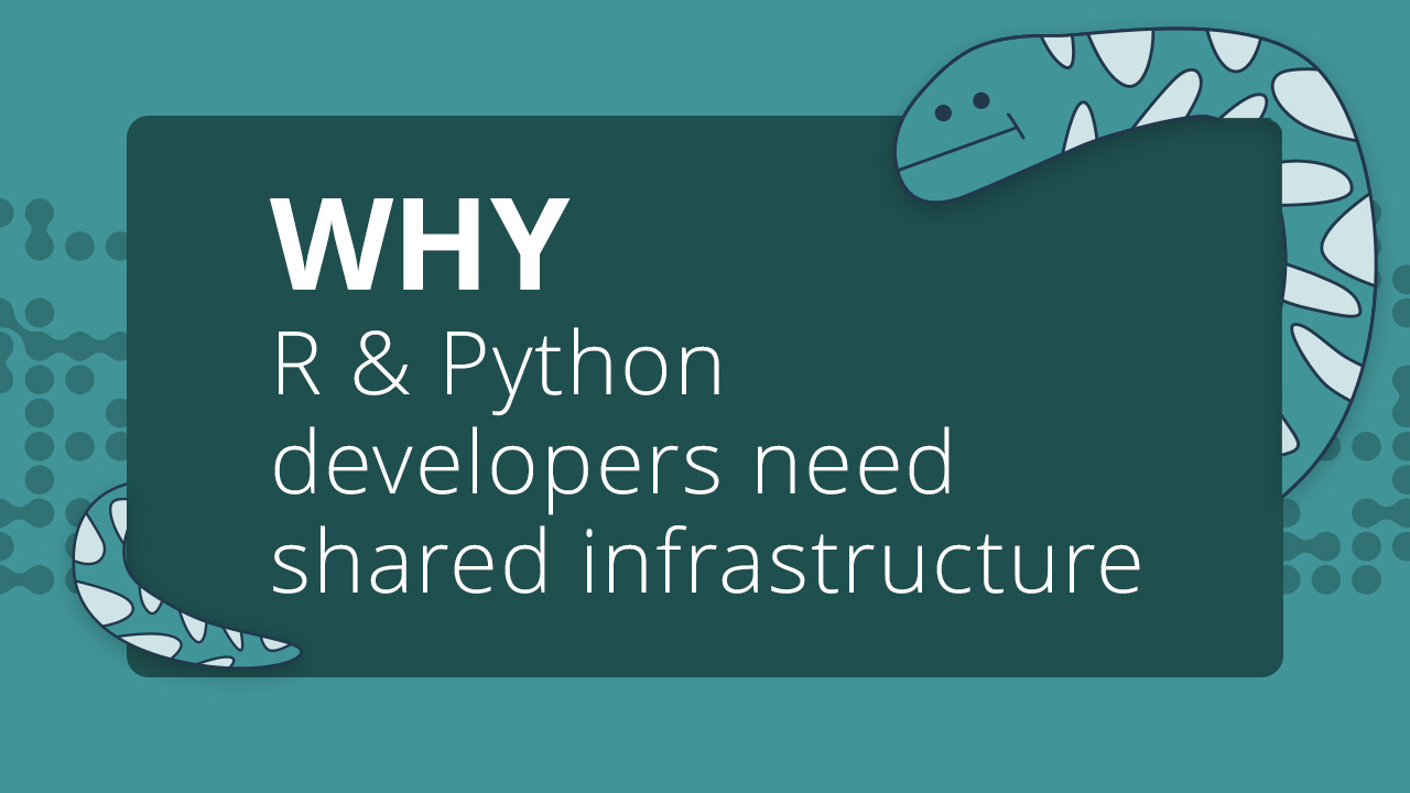 Text: Why R & Python developers need shared infrastructure. A cartoon snake wraps the words.