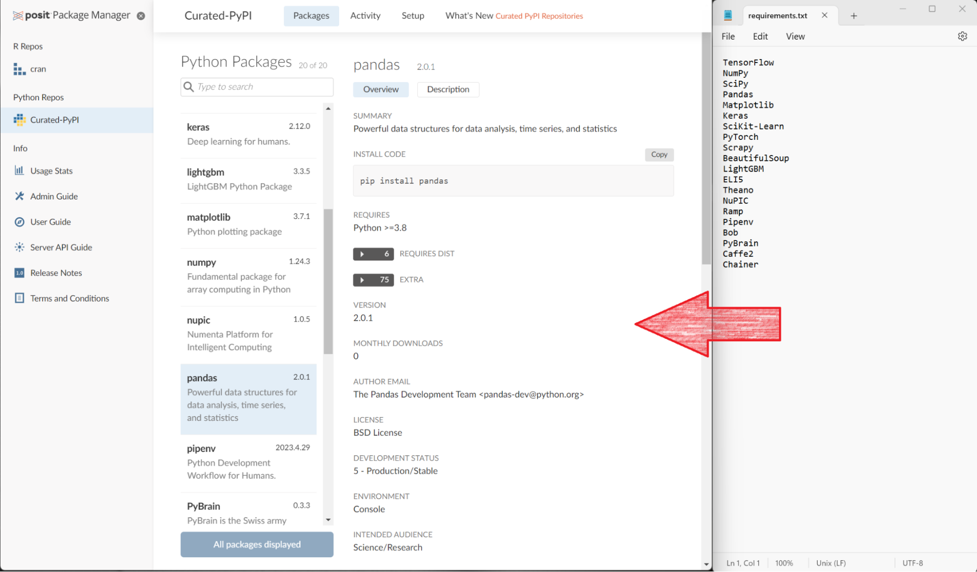 Choosing a version of the pandas package from Posit Package Manager