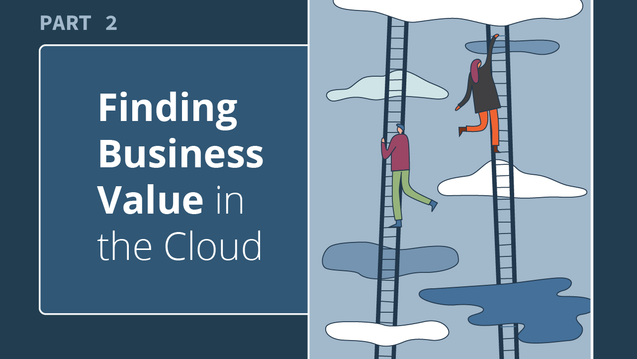 Text: Finding Business Value in the Cloud. A cartoon image of two people climbing ladders in the clouds.