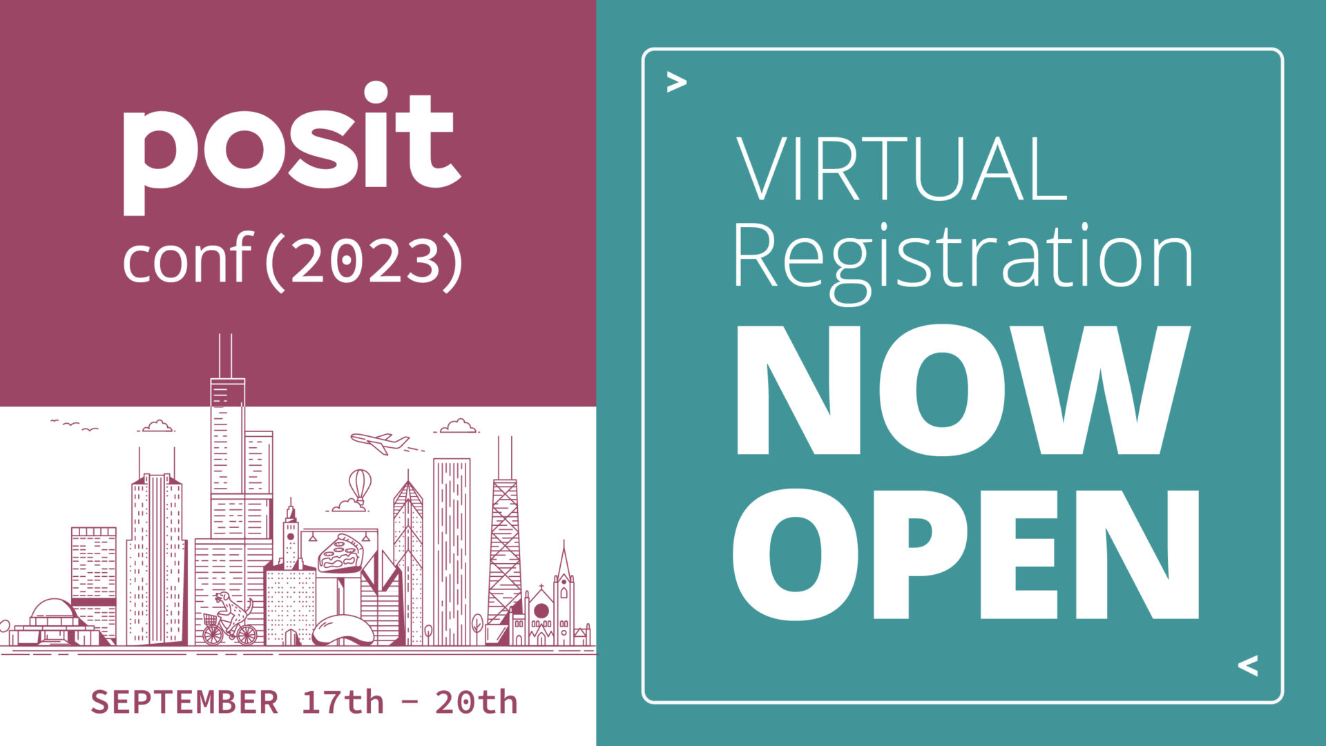 posit conf (2023) Virtual Registration Now Open. An outline of the Chicago skyline. September 17-20th