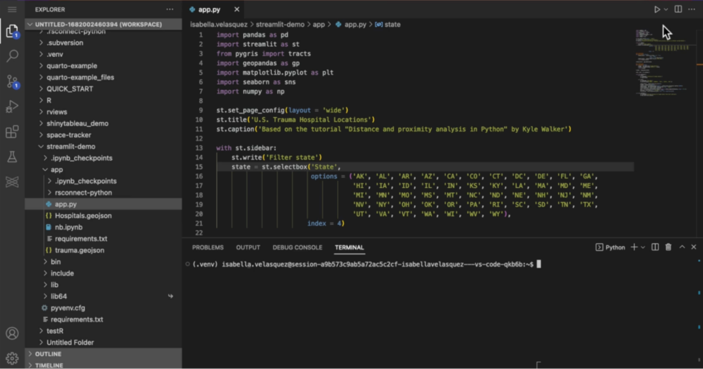 A Streamlit python script in VS Code on Posit Workbench