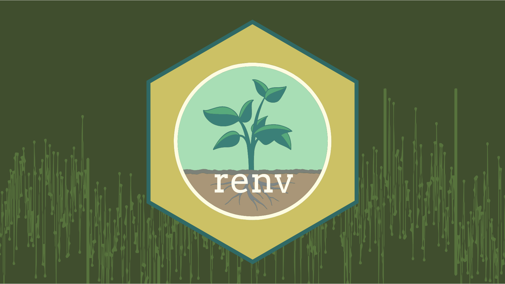 The renv hex sticker, consisting of the text "Renv" and a small plant coming out of the ground.