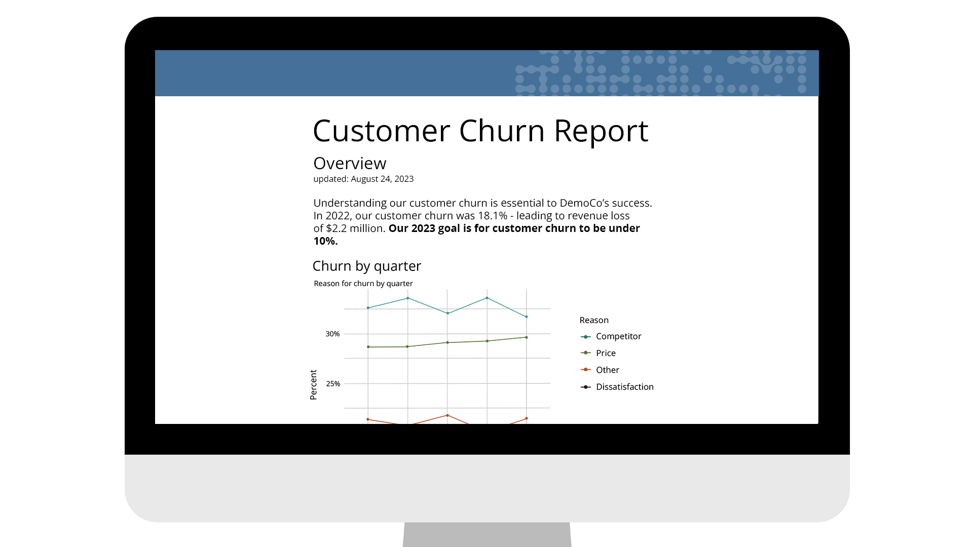 Quarto document showing customer churn report