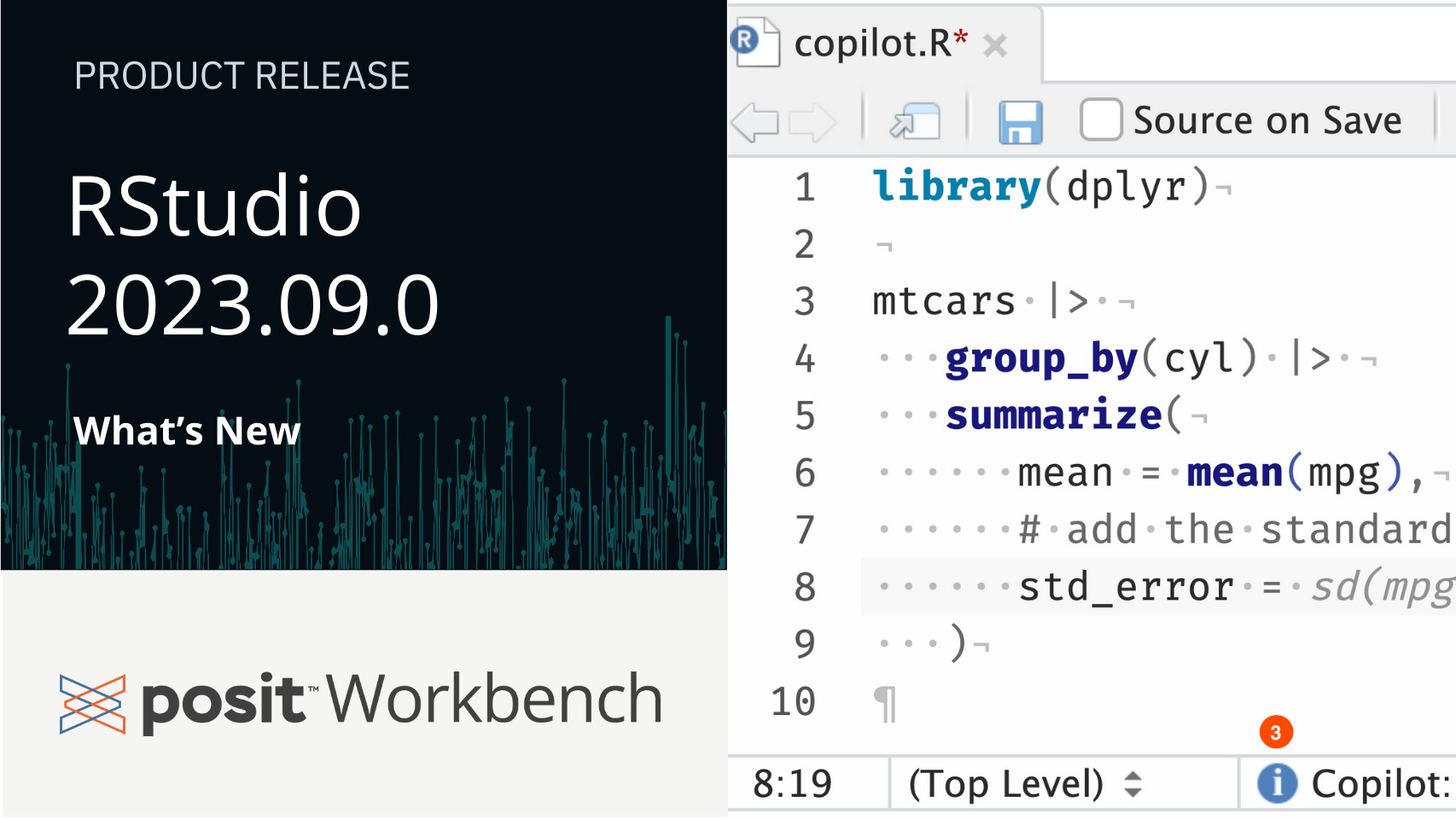 Text: RStudio 2023.09.0 What's New Product release. An image of GitHub COpilot in RStudio.