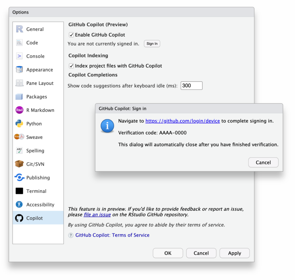 GitHub Copilot sign in screen on RStudio