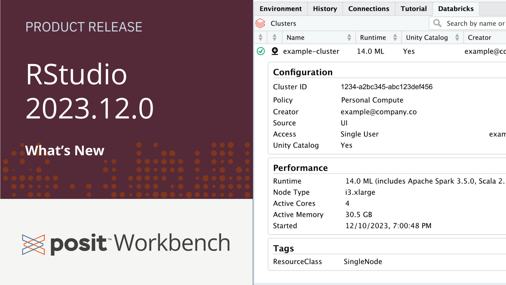 Product Release RStudio 2023.12.0 What's New, with Posit Workbench logo and a view into the new Databricks pane