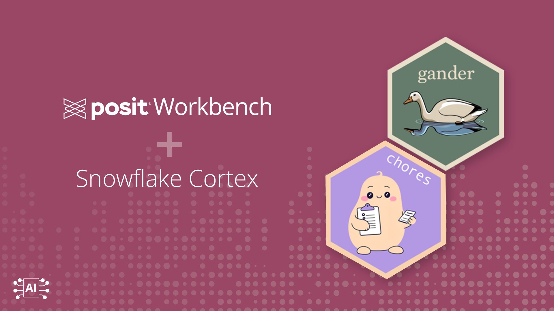 Posit Workbench + Snowflake Cortex. The gander and chores hex logos.