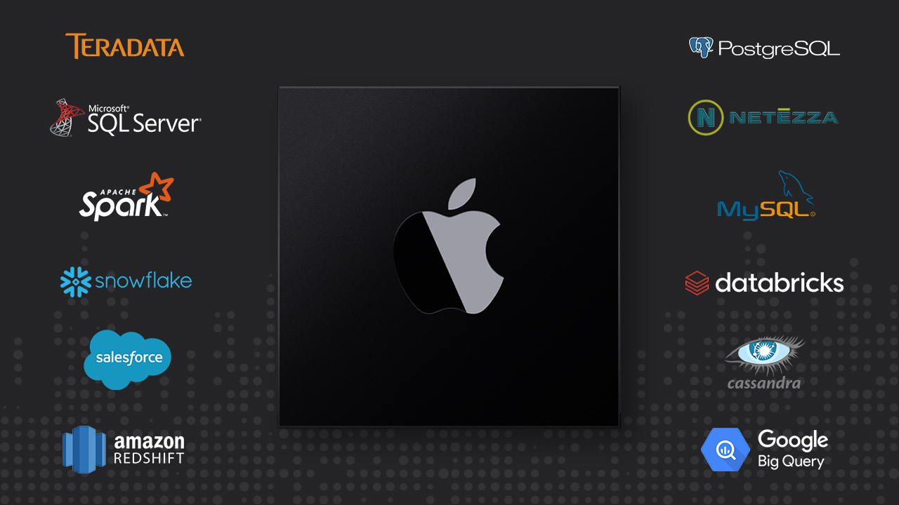 The Apple silicon logo with 12 database logos surrounding it
