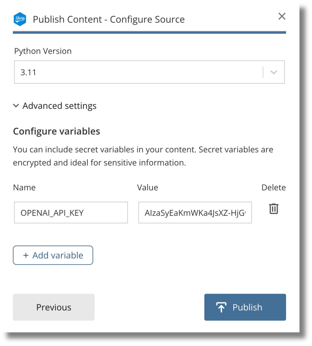 Publish content - configure source pane. It allows you to choose Python version and configure secret variables before publishing.