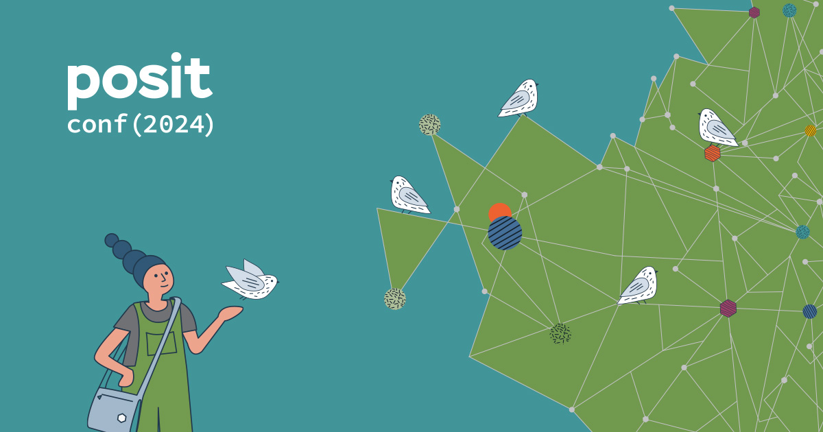 posit conf 2024. A girl holding a bird with the posit conf network graph with a few other birds