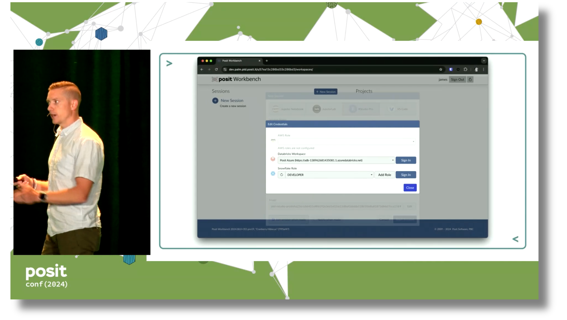 James Blair talking through Snowflake and Databricks authentication at posit::conf(2024)