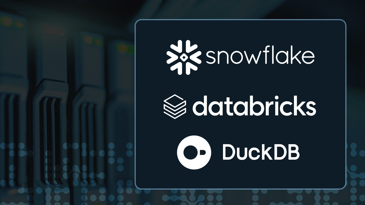 An image of a database overlayed by the snowflake, databricks, and DuckDB logos