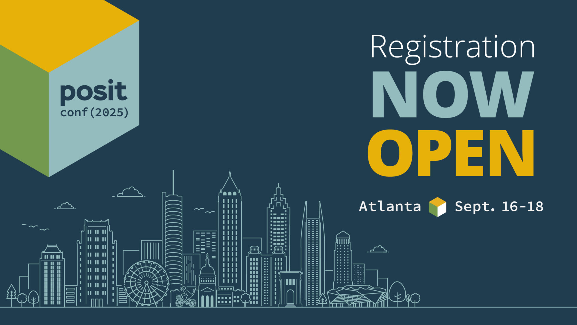 posit conf 2025 registration now open. Atlanta, Sept 16-18. A cartoon outline of the Atlanta skyline.