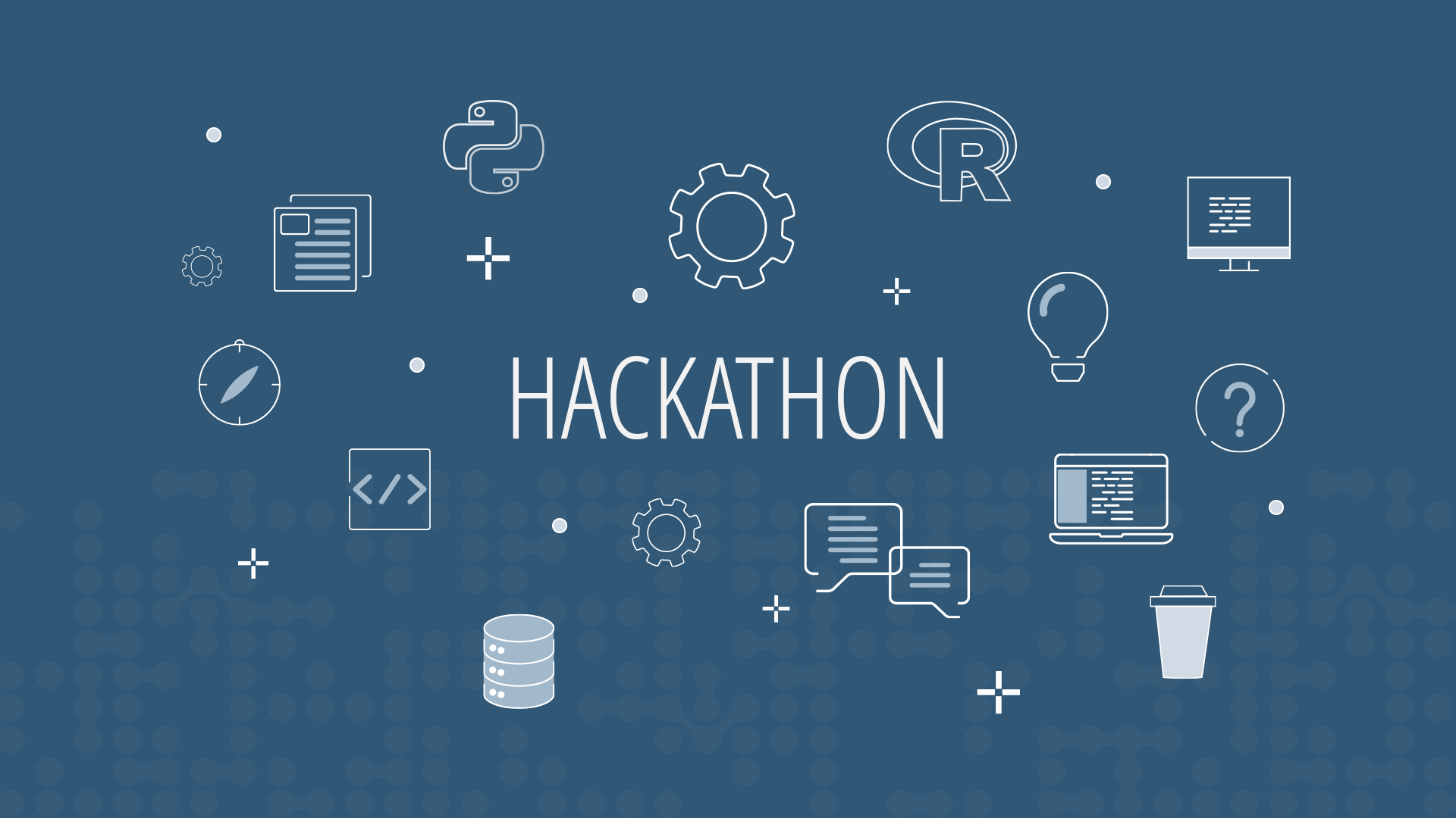 A dark blue graphic with white text 'HACKATHON' in the center. Surrounding the text are various white line icons related to programming and data science, including the Python logo, the R logo, code brackets, a database cylinder, a computer screen, a laptop with code, chat bubbles, a lightbulb, a question mark, gears, a document, a compass, a coffee cup, and plus signs and dots connecting some of the elements. The background has a subtle pattern of light blue dots and squares.