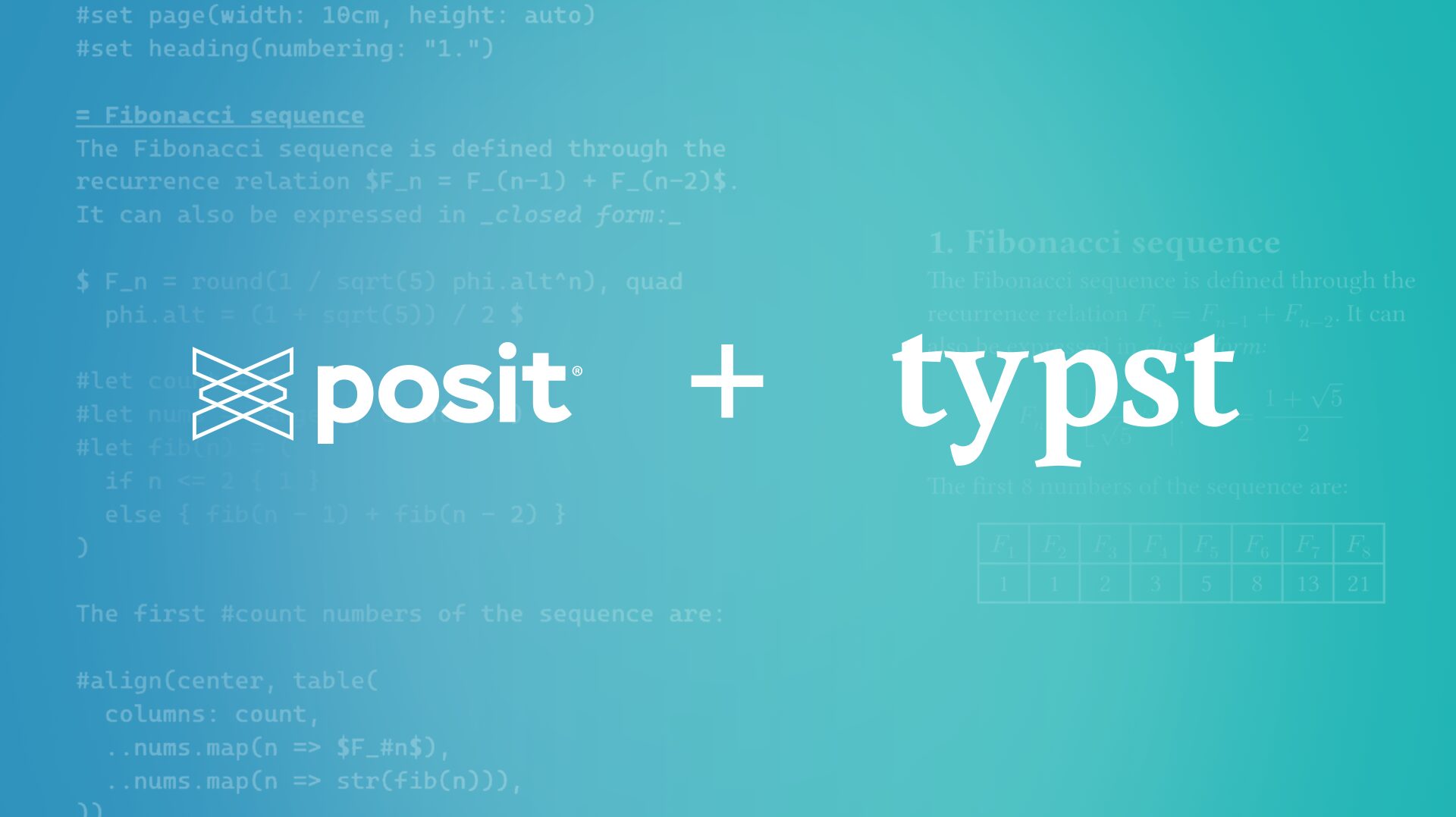 A teal-blue graphic advertises "posit + typst."