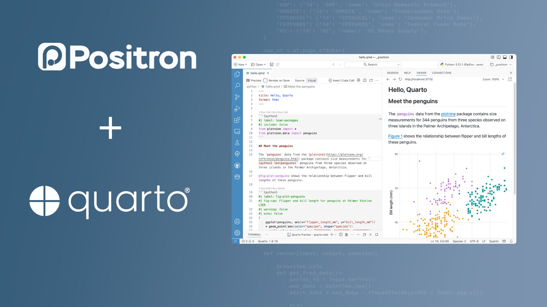 Positron + Quarto graphic next to a VS Code window showing a Quarto document with a scatter plot.