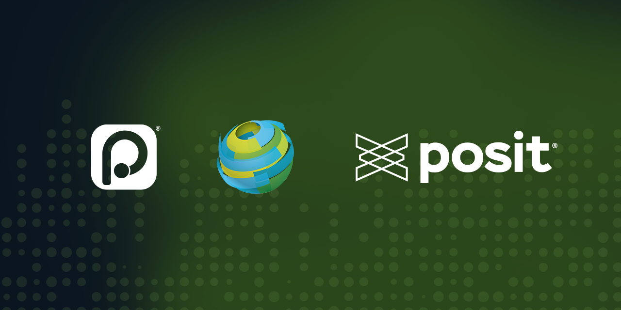 Positron logo, ACES logo, Posit logo on green background