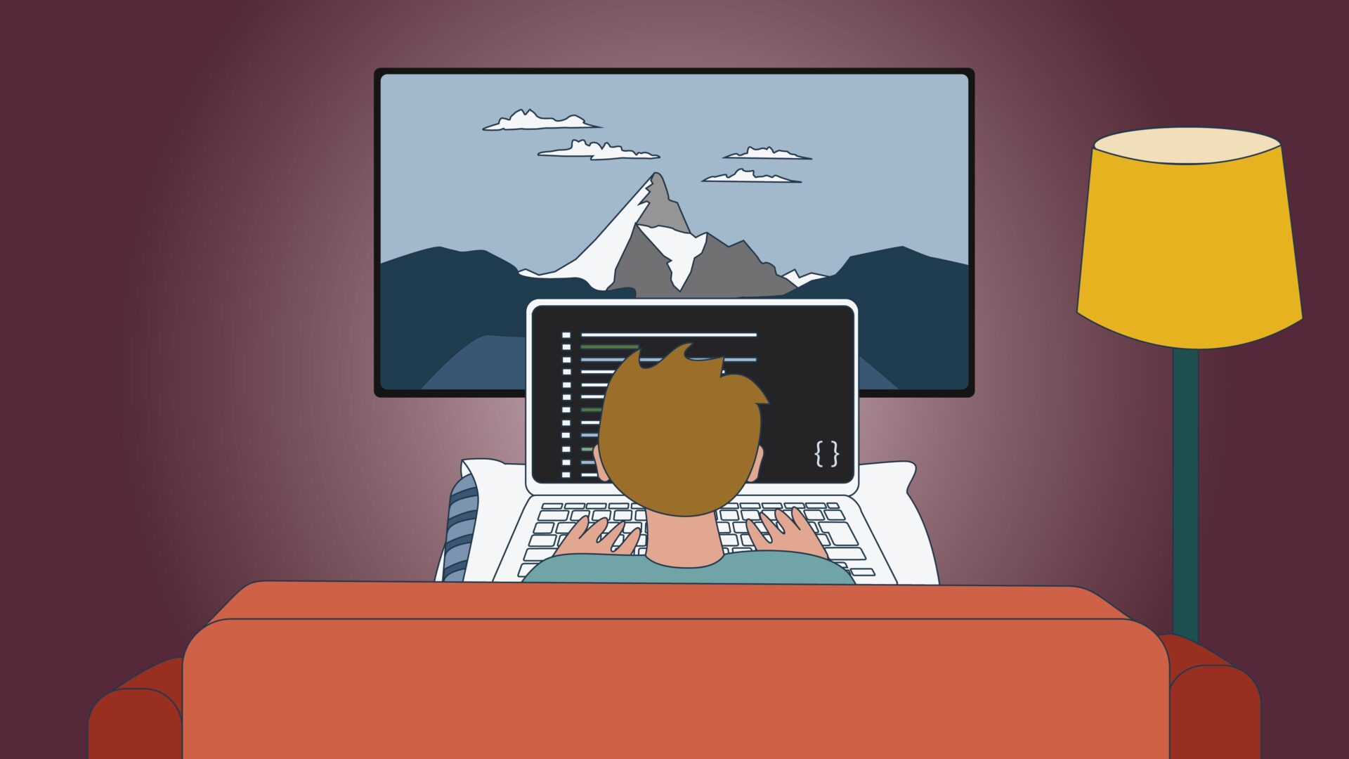 A person sits on an orange sofa, typing on a laptop with code on the screen, while a mountain landscape is on a TV behind them.