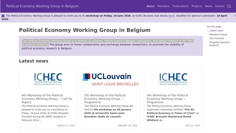 Screenshot of the Political Economy Working Group in Belgium website. A banner invites users to a workshop on June 19, 2026, with an abstract deadline of April 10, 2026. The main section defines the group as a network of scholars fostering research collaboration. Under "Latest news," three cards display logos for ICHEC and UCLouvain, detailing past and upcoming workshops from 2024 to 2026.